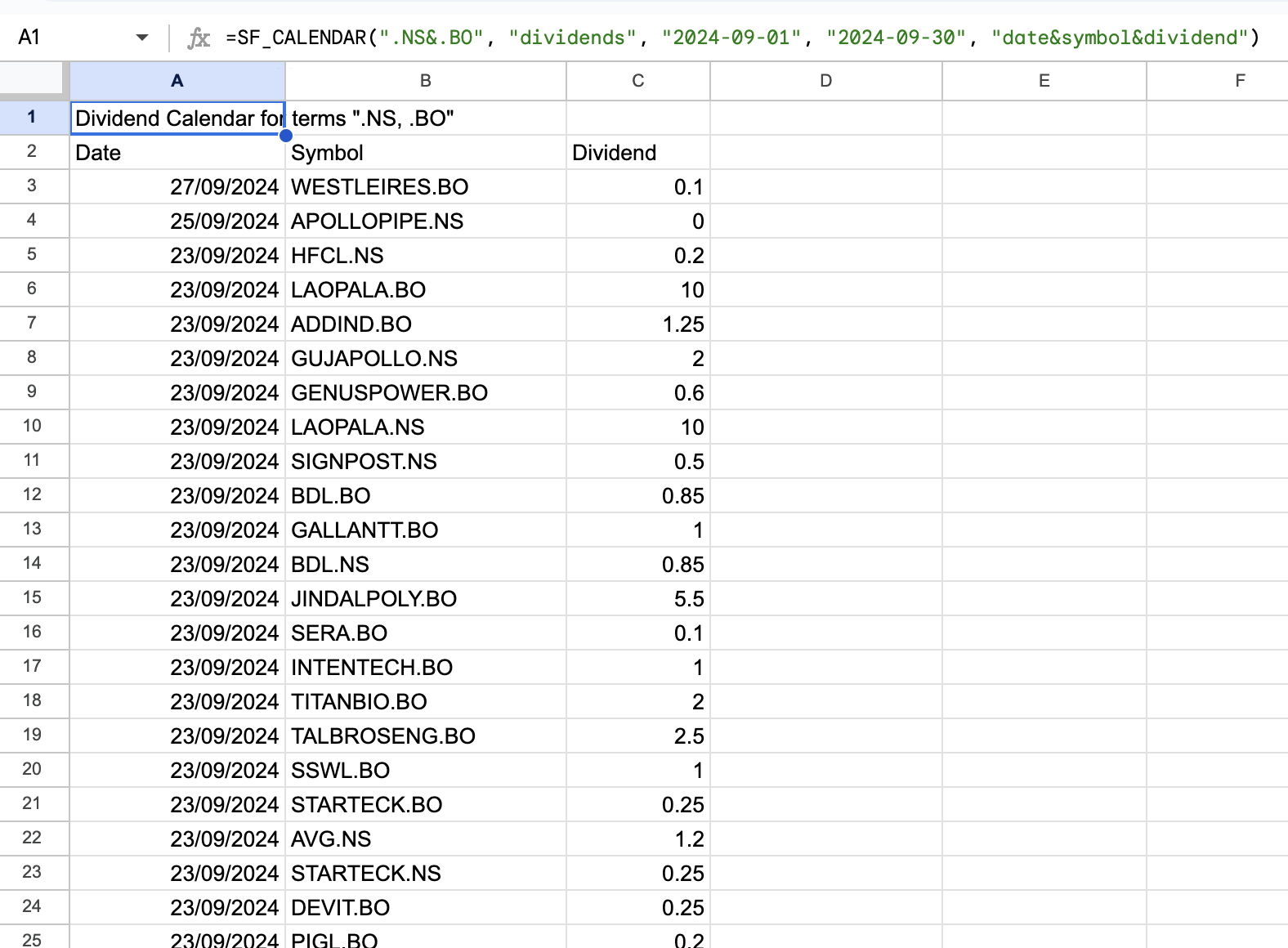 NSE & BSE Dividend Calendar in Google Sheets