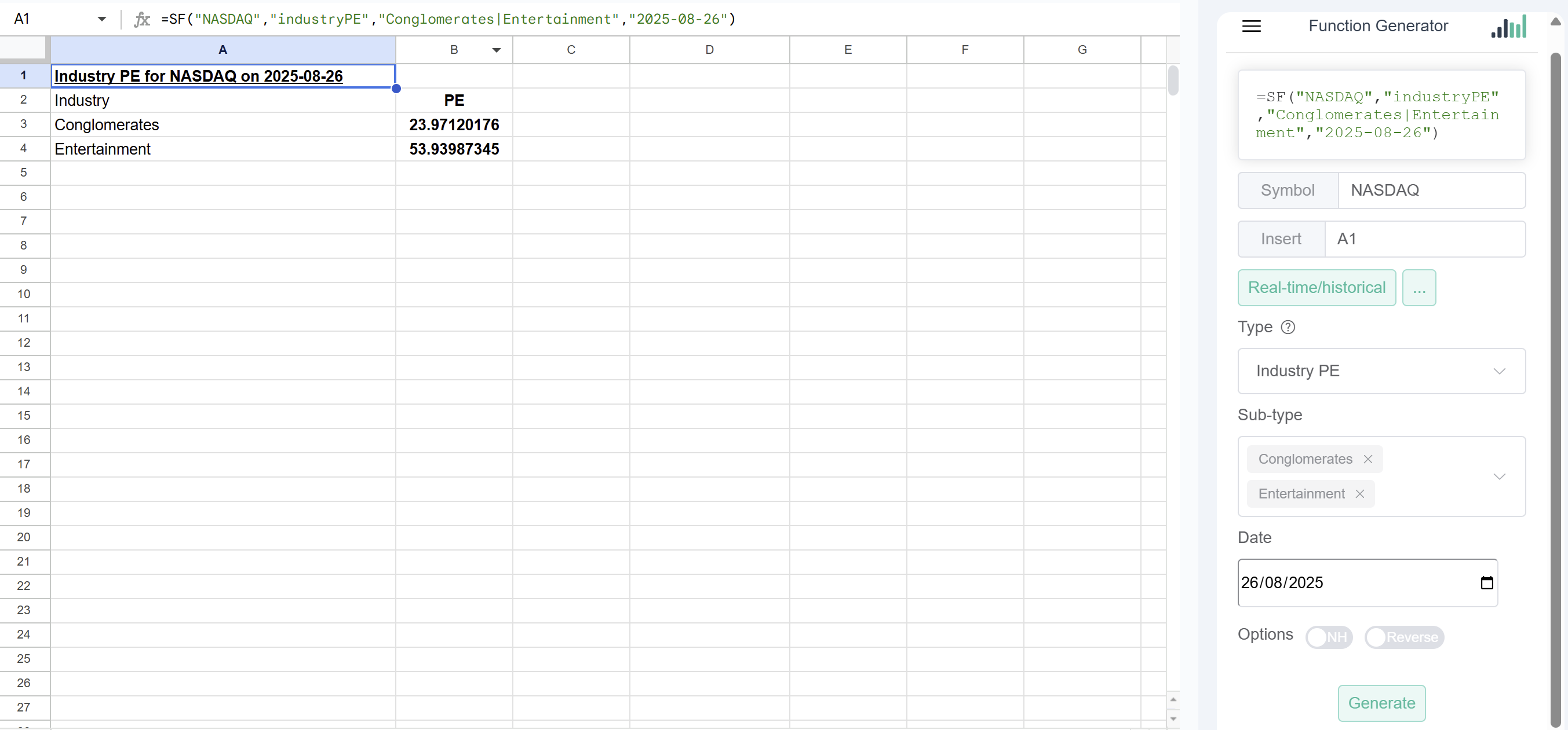 Function Generator showing industry selection interface